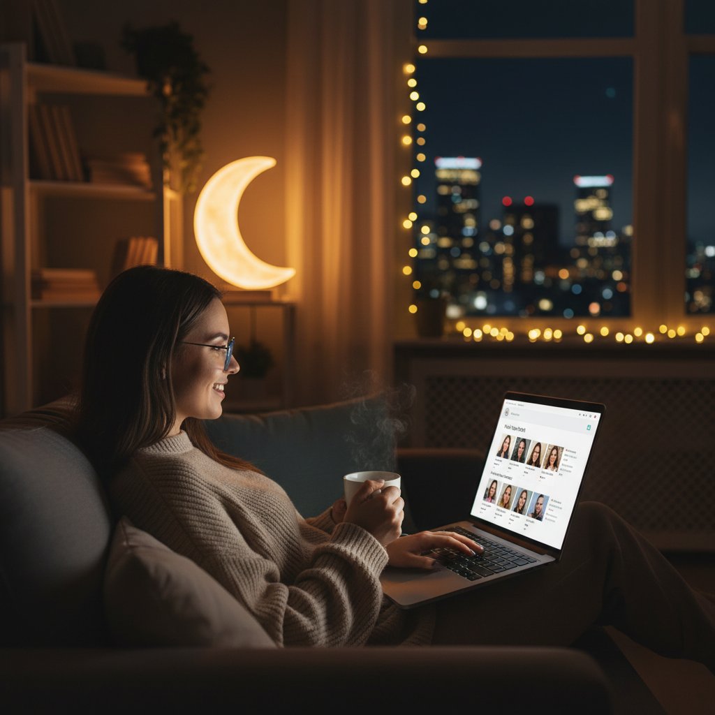 Młoda kobieta tworząca profil randkowy na laptopie, światło nocnej lampki, skupienie