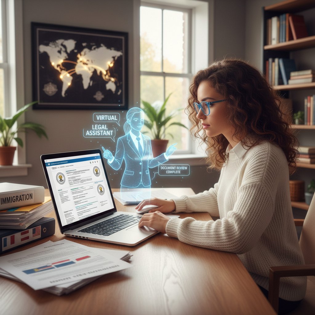Zdjęcie młodej kobiety przy biurku korzystającej z wirtualnego asystenta prawnego na laptopie, obok dokumentów imigracyjnych i filiżanki kawy