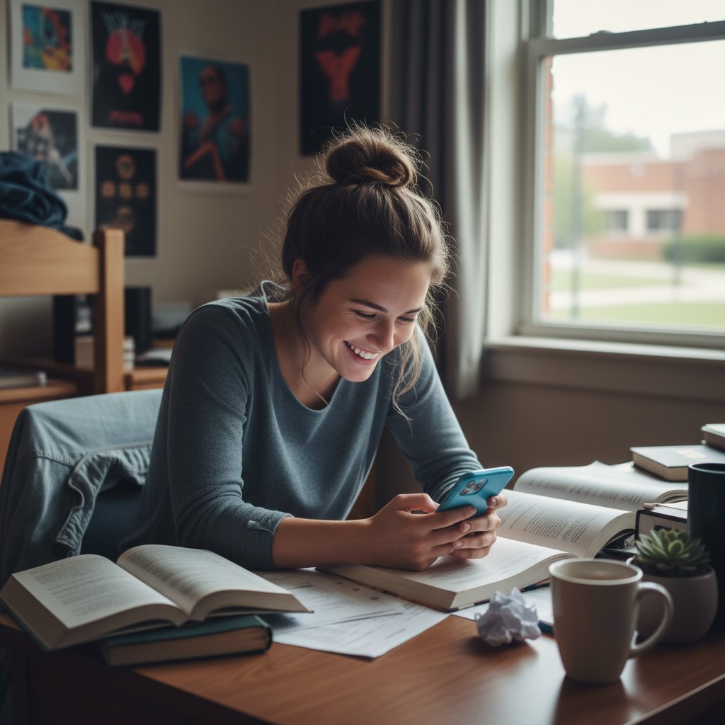 Młoda kobieta siedząca przy biurku w akademiku, patrząca w ekran telefonu z uśmiechem i ulgą