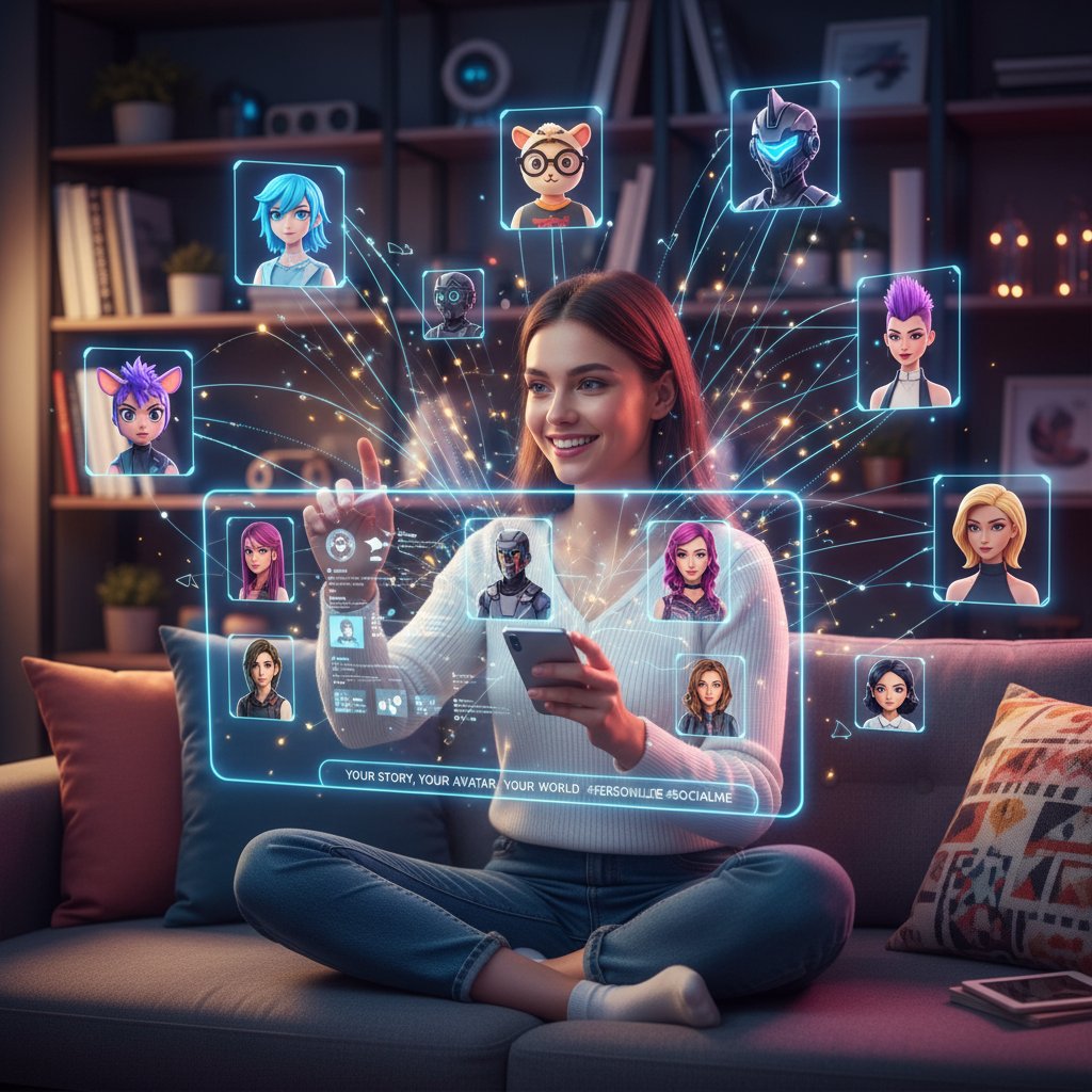 Młoda kobieta przeglądająca swoje różne avatary na ekranie telefonu – personalizacja jako klucz do sukcesu online