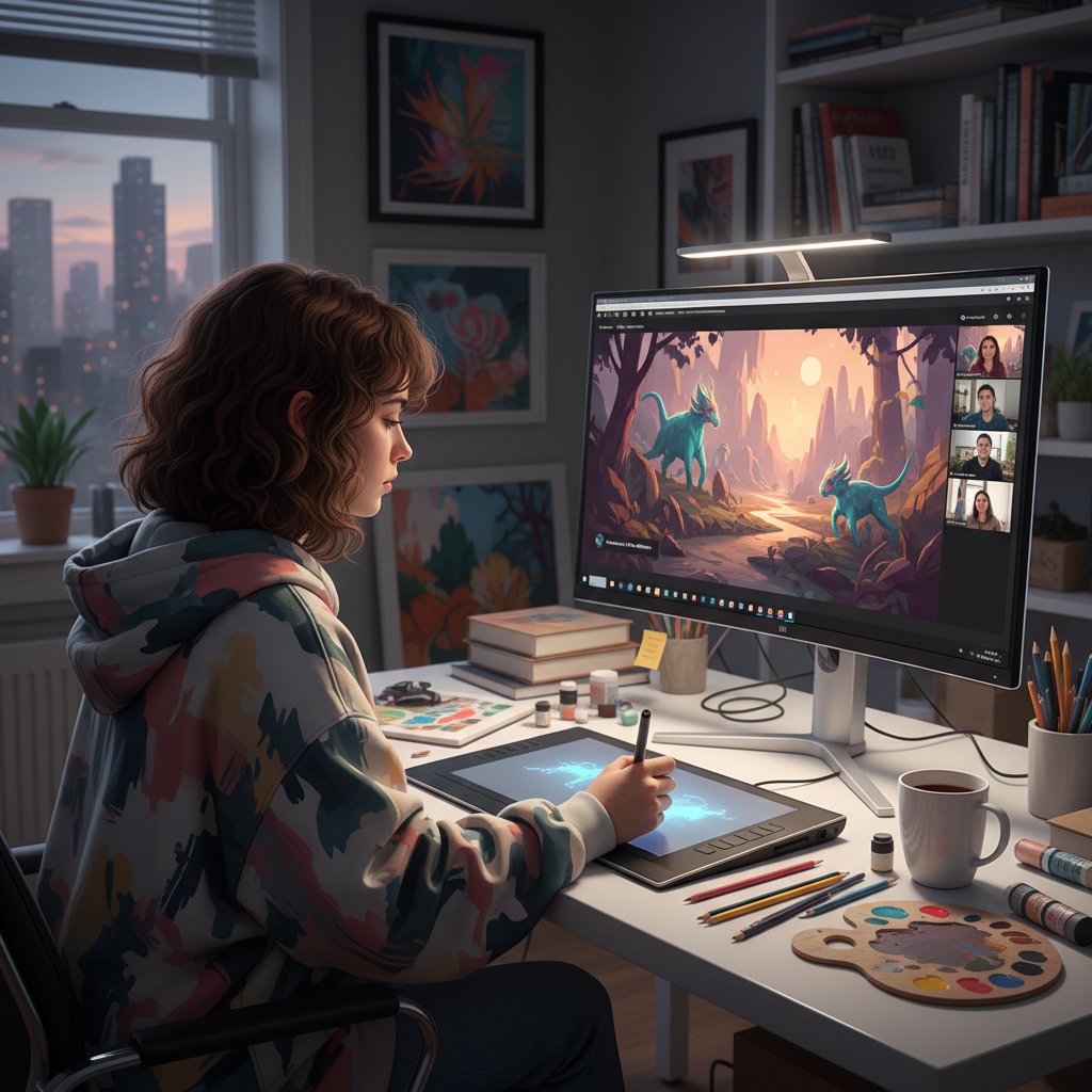 Młoda kobieta prowadzi warsztaty artystyczne online, inspirujący przykład walki z nudą