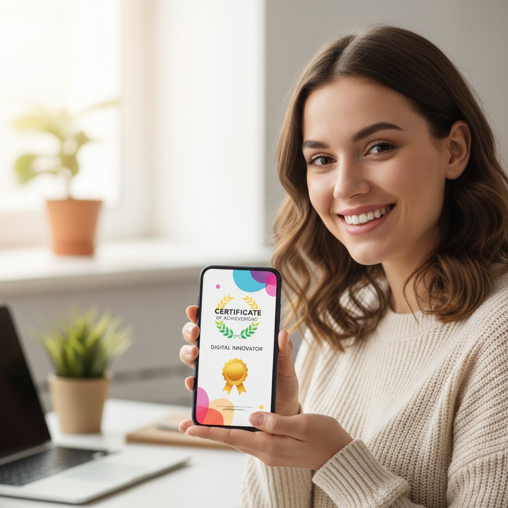 Radość z otrzymania cyfrowego certyfikatu na smartfonie.