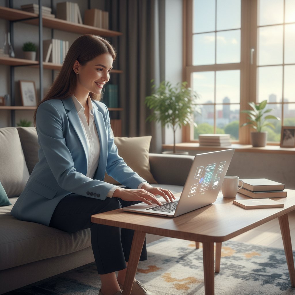 Młoda kobieta korzystająca z cyfrowej asystentki prawnej w domu, laptop, uśmiech