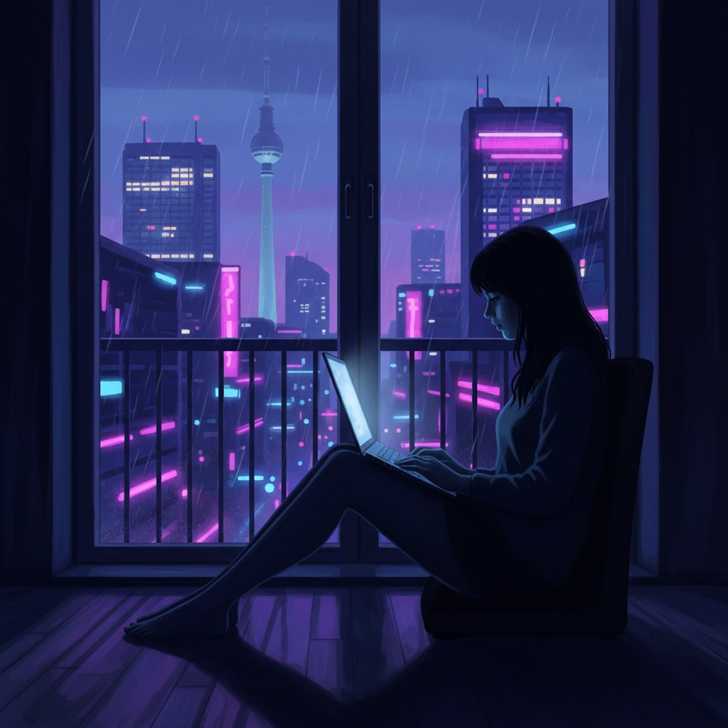 Frau sitzt nachts in Berliner Wohnung vor Laptop, in dessen Bildschirm eine virtuelle Partnerin als leuchtende Silhouette erscheint, Szene digital, intim, online Liebespartnerin KI