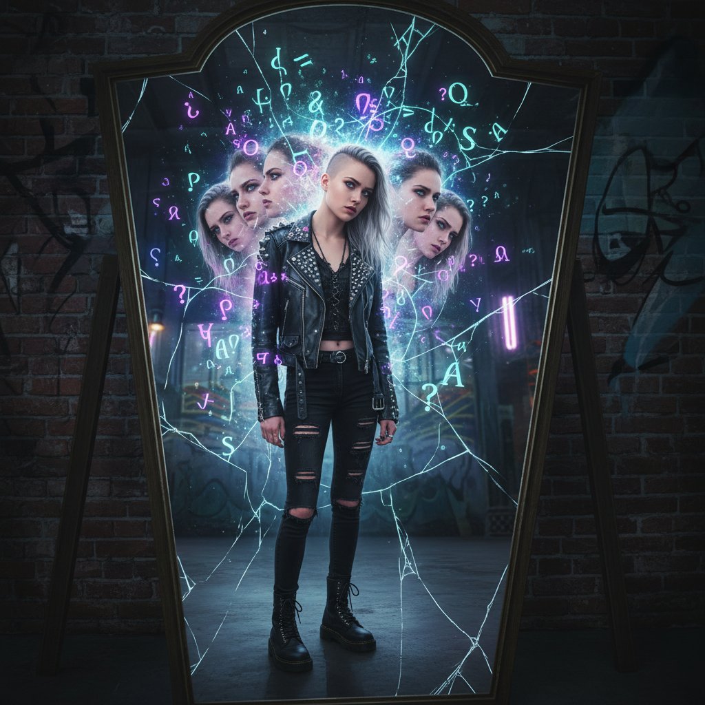 Młoda kobieta patrząca w zniekształcone lustro, jej odbicie z symbolami alfa; klimat: refleksyjny, niepokojący