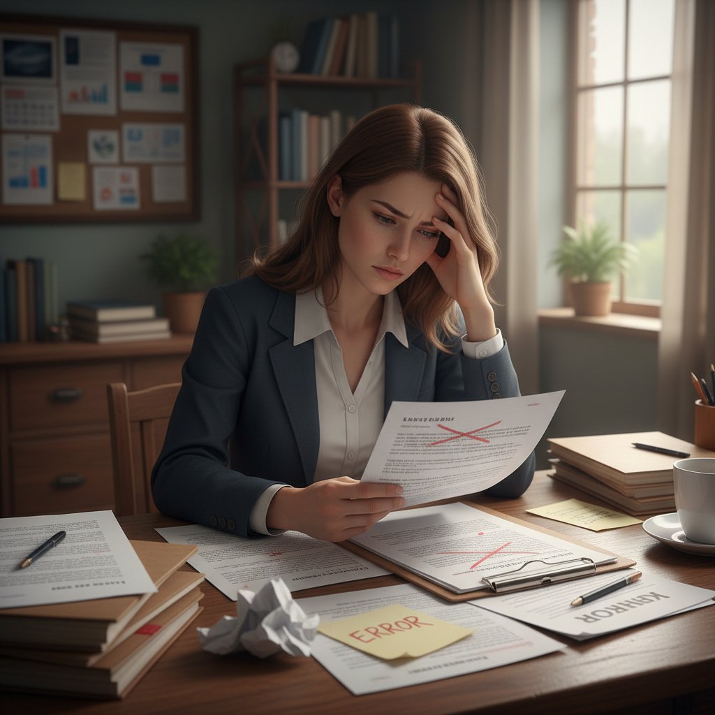 Młoda kobieta z dokumentami, rozczarowana po błędnej interpretacji prawa