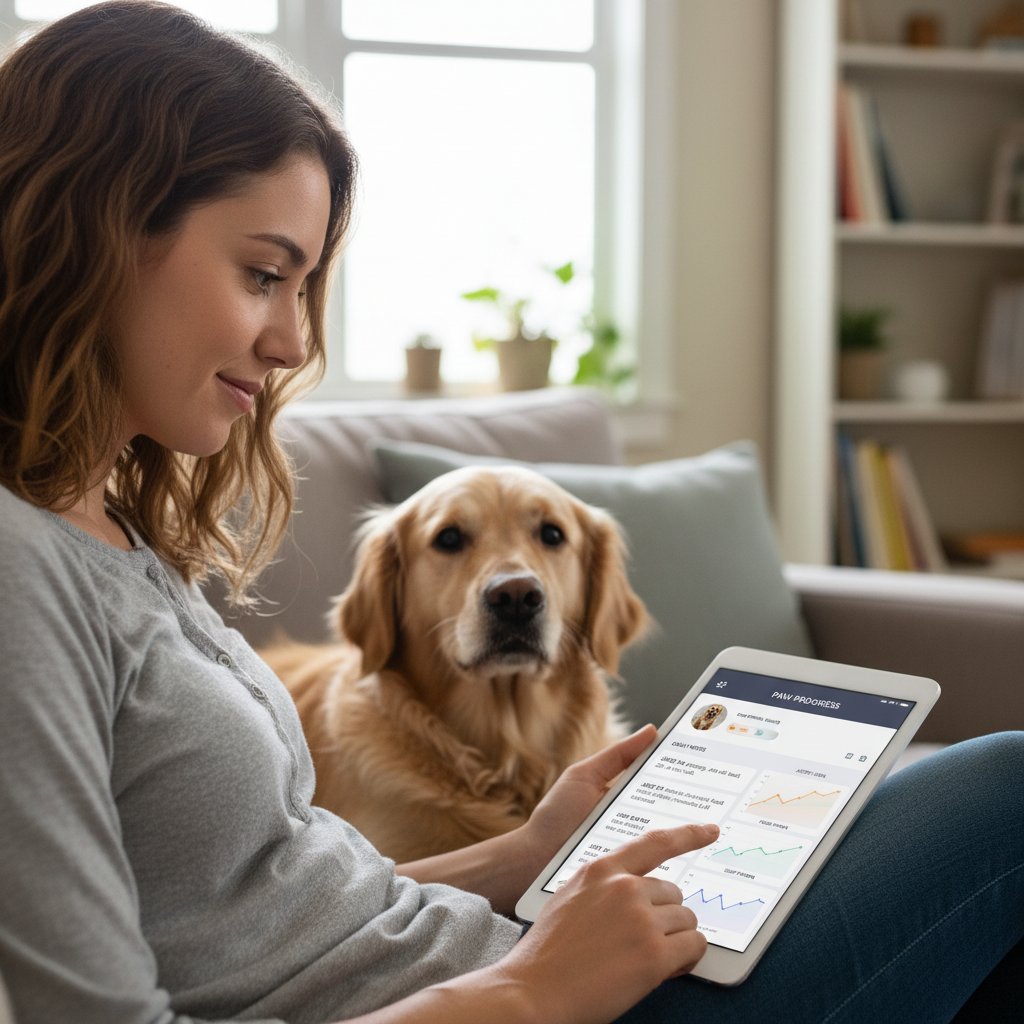 Młoda kobieta analizująca postępy psa w aplikacji treningowej, notatki i wykresy postępów