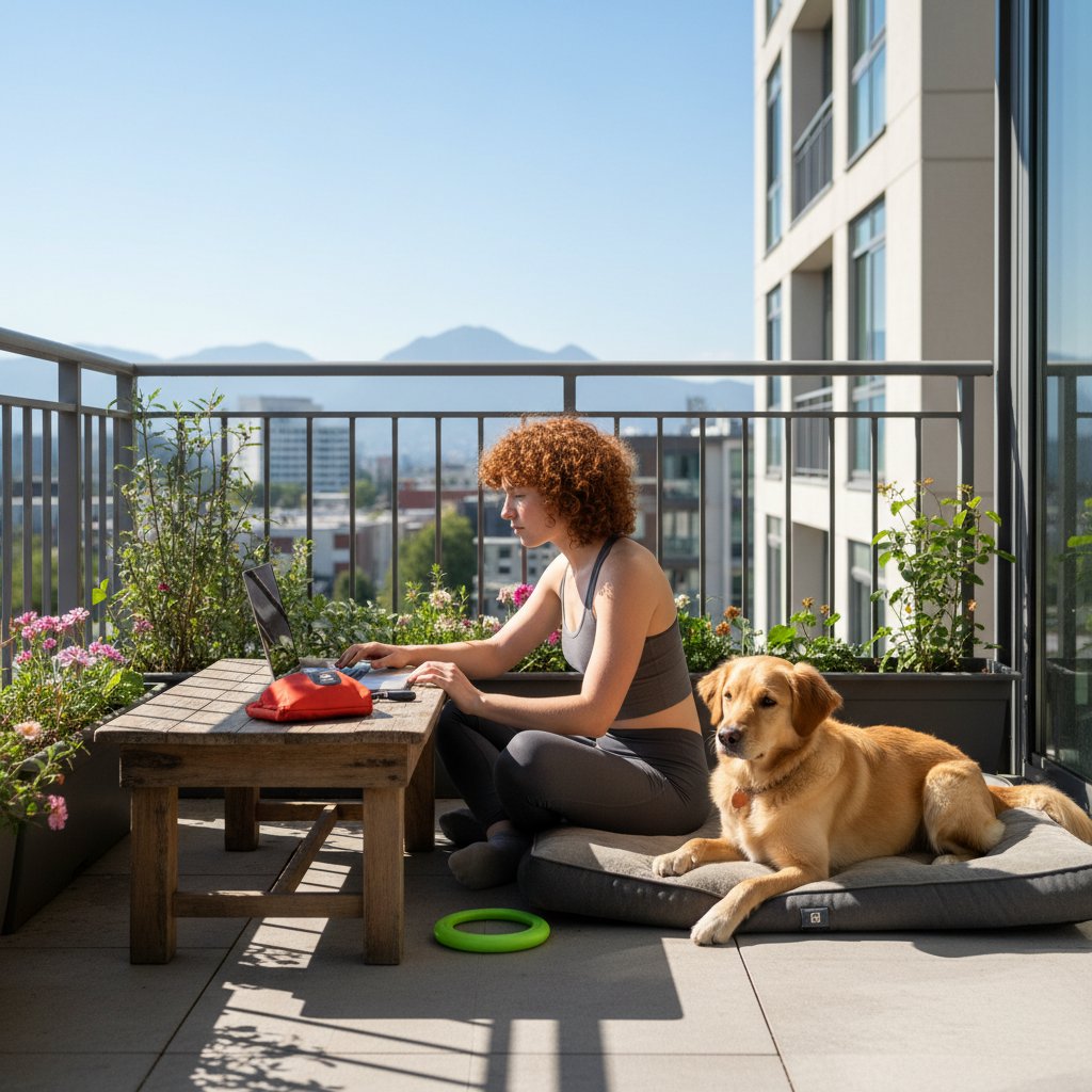 Młoda kobieta z psem na balkon, korzysta z laptopa do szkolenia