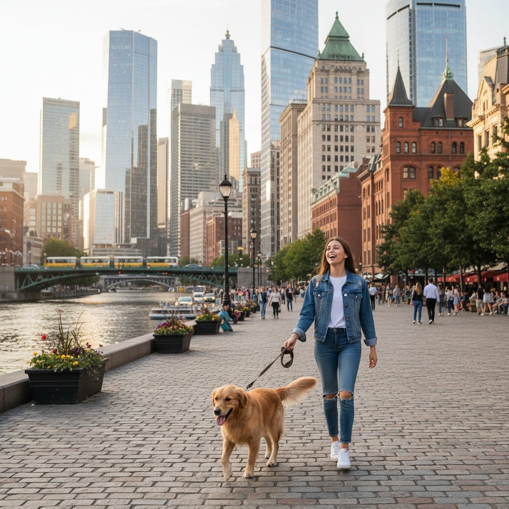 Młoda kobieta spacerująca z psem na tle miejskiego krajobrazu, obrazująca odbudowę życia po kryzysie