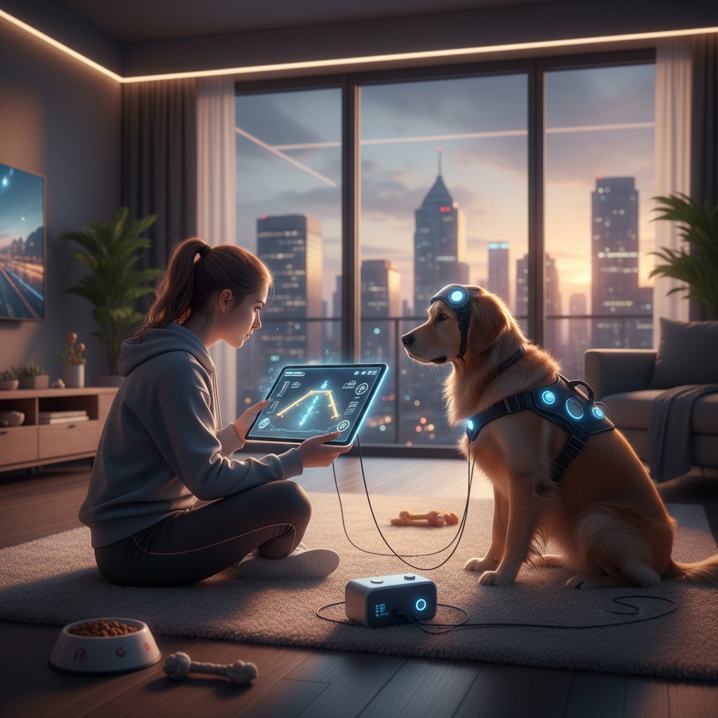 Młoda kobieta z psem podczas wieczornego treningu online w mieszkaniu w Warszawie, cyfrowy interfejs