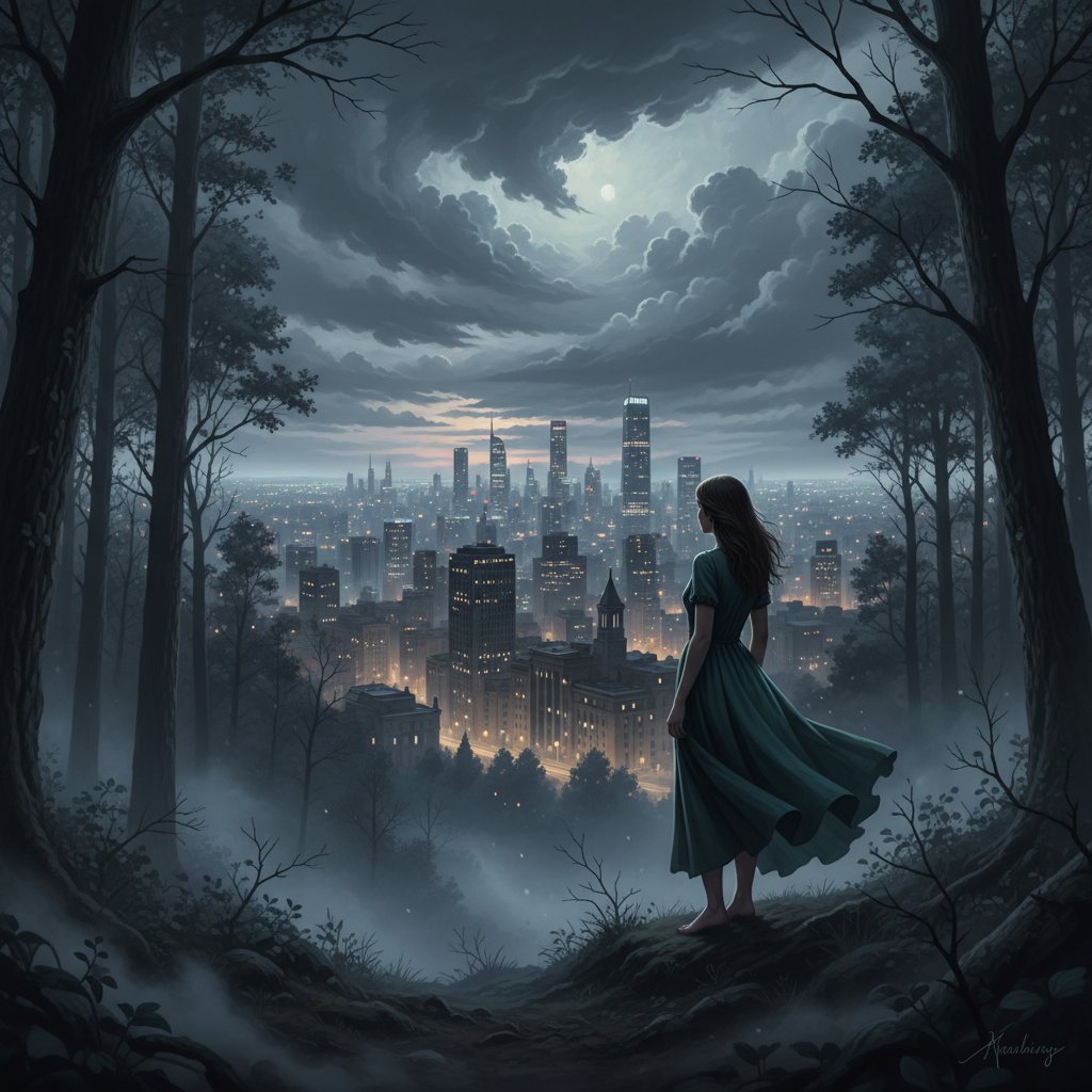 Młoda kobieta patrzy na miasto z leśnej krawędzi, kontakt z naturą, zgiełk miasta w tle