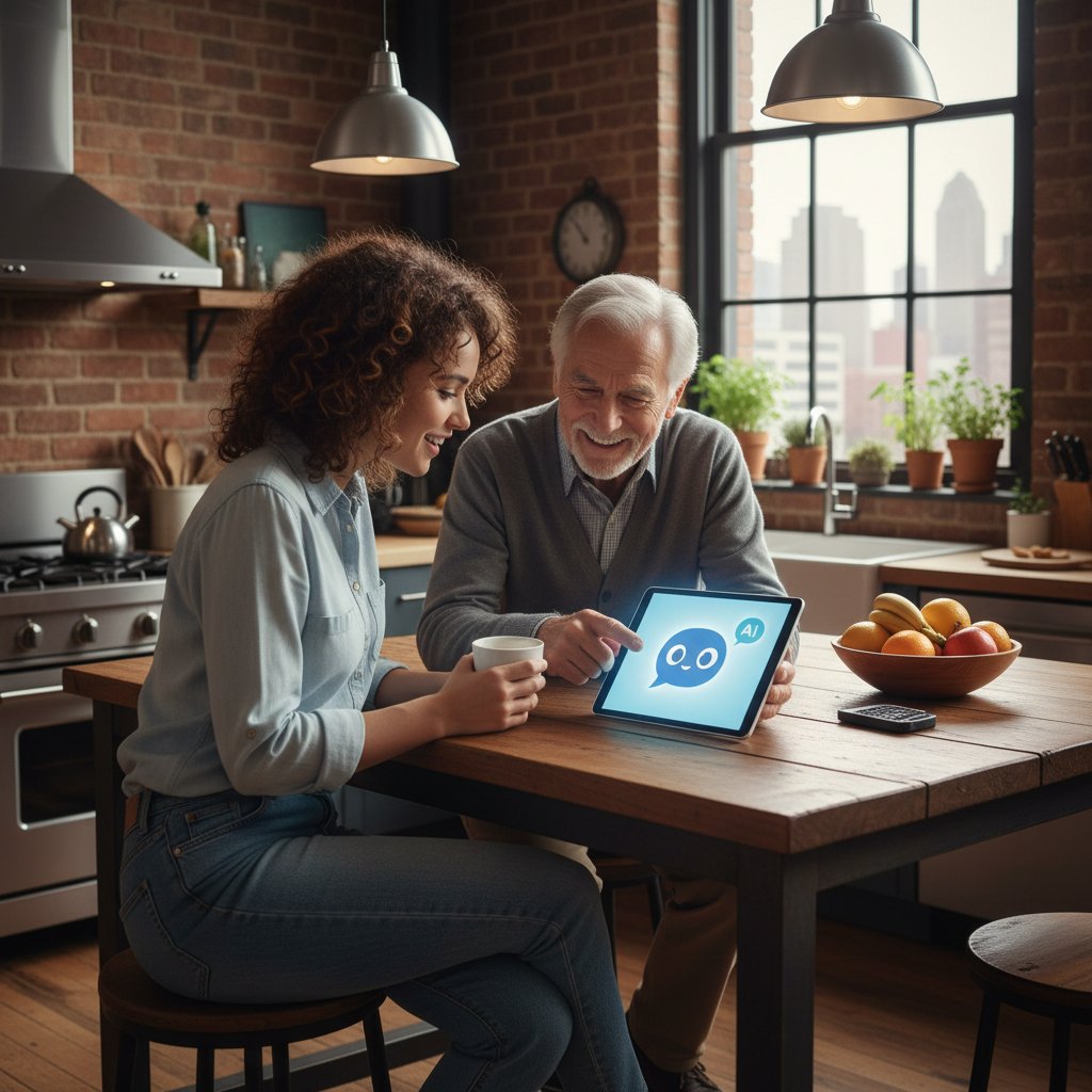 Młoda wolontariuszka uczy seniora obsługi chatbota