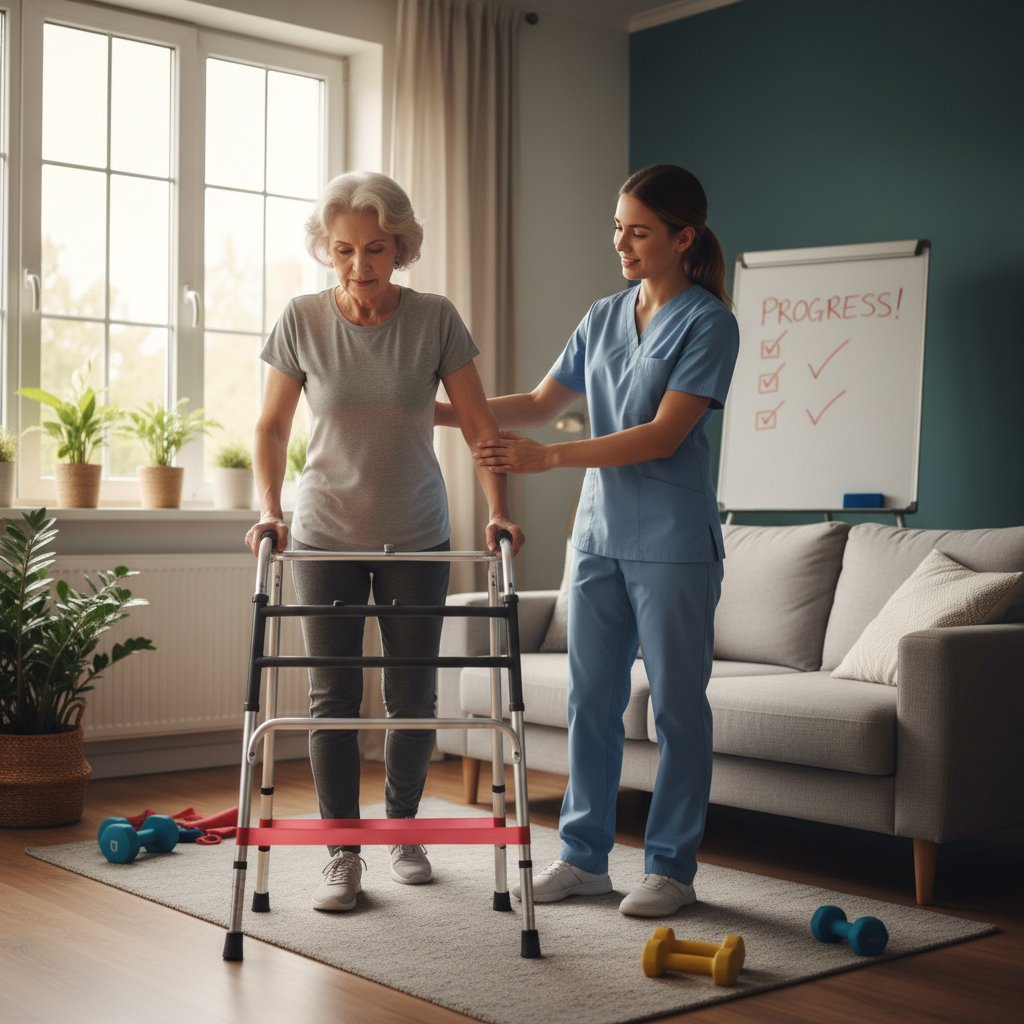 Młoda kobieta z wyrazem determinacji pomaga starszej kobiecie w rehabilitacji w domowych warunkach