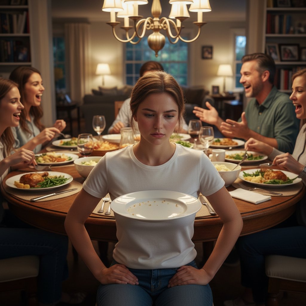 Młoda kobieta siedzi samotnie przy stole, podczas gdy rodzina rozmawia, jej talerz pusty, wyraźny dyskomfort