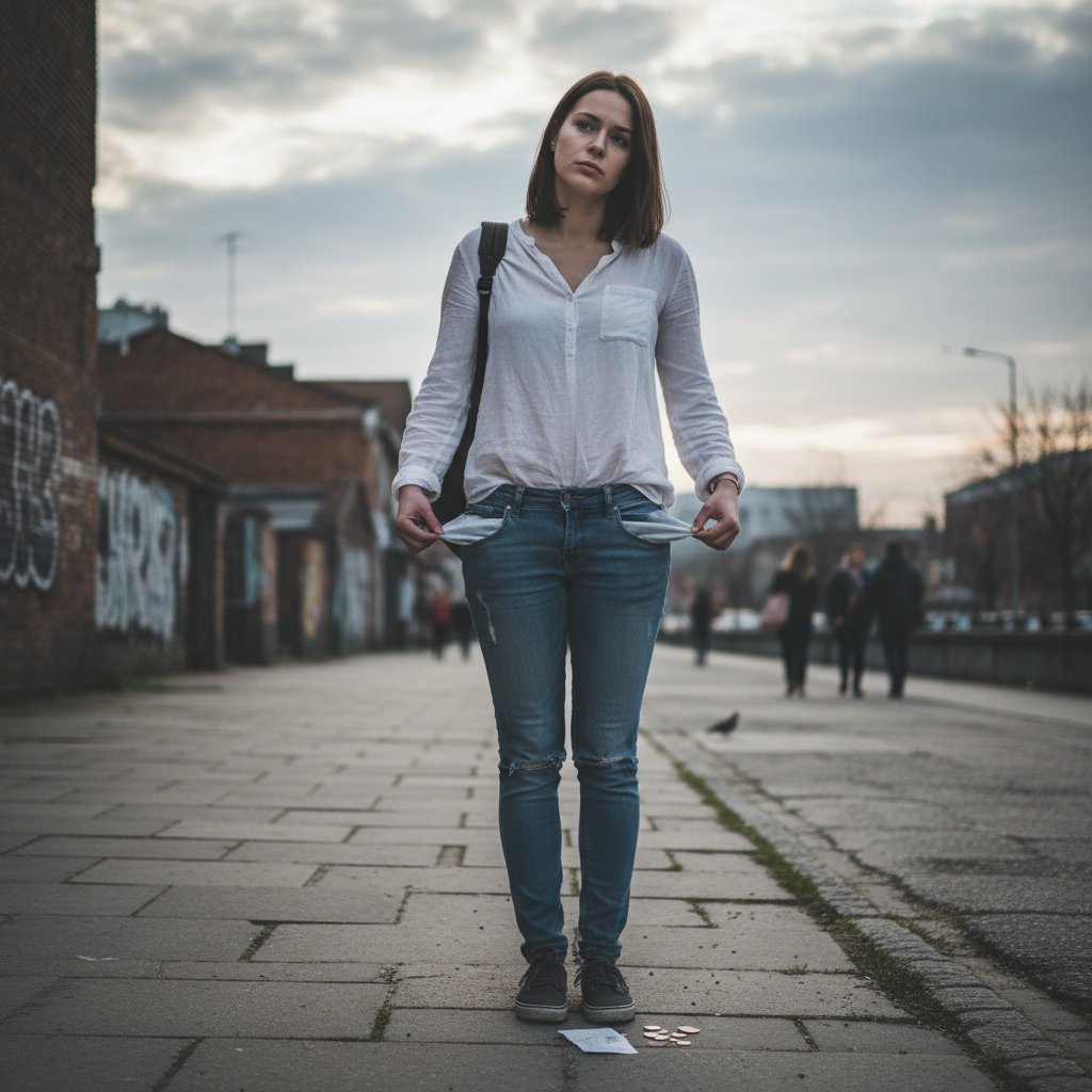 Młoda kobieta przegląda puste kieszenie na tle miejskiej scenerii, symbolizującej wyzwania finansowe w Polsce