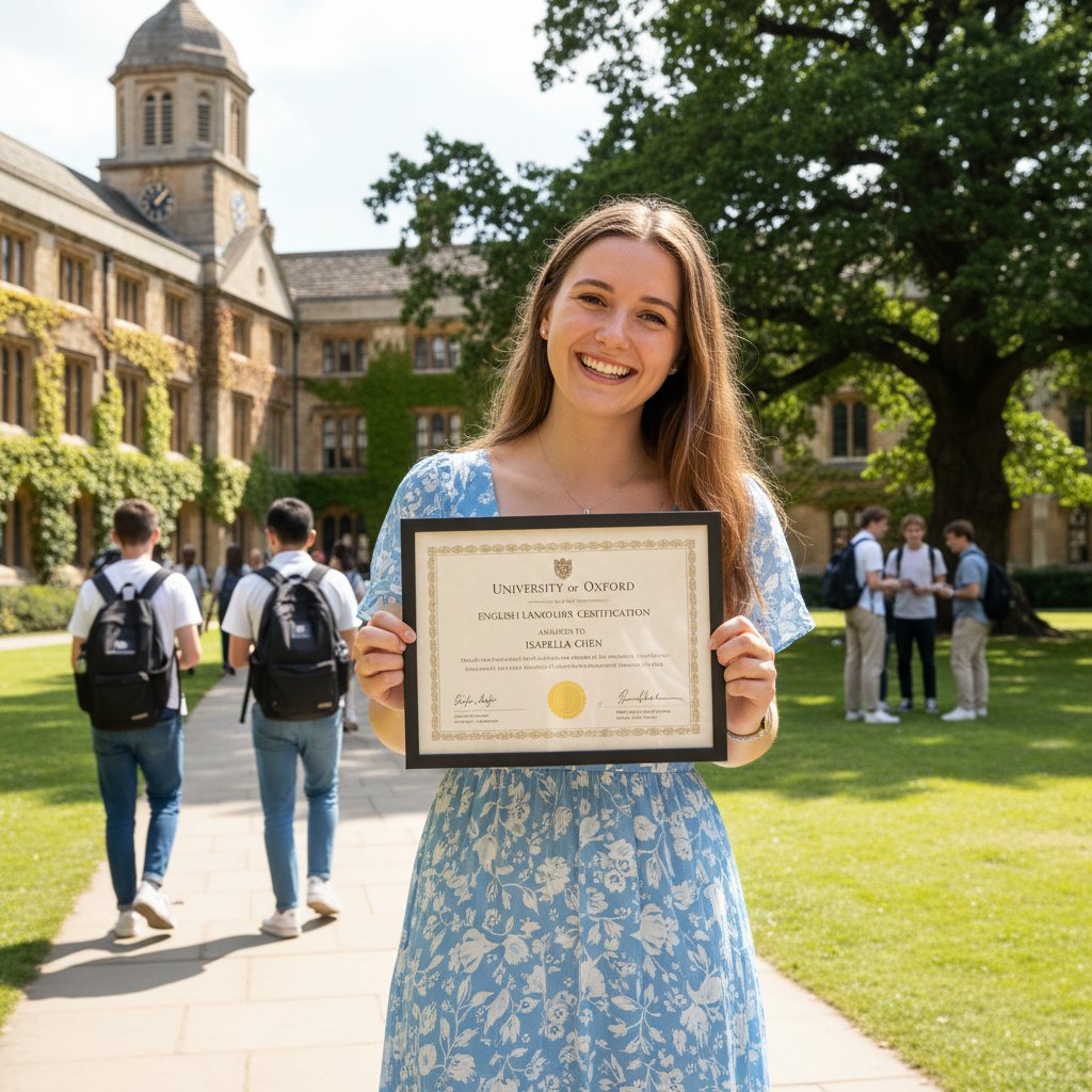 Młoda kobieta z certyfikatem IELTS na tle uczelni zagranicznej, uśmiechnięta po sukcesie