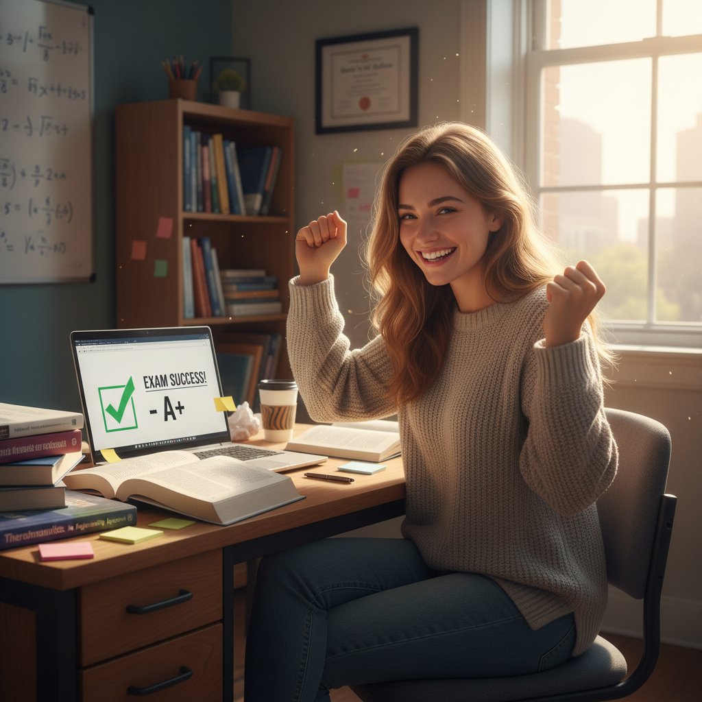 Młoda kobieta cieszy się po zdanym egzaminie z termodynamiki, obok laptopa i książek