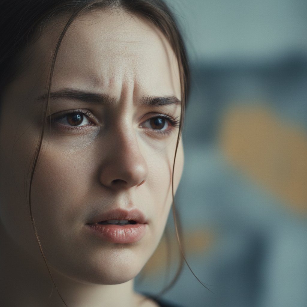 Zbliżenie na twarz młodej kobiety z wyrazem stresu i niepewności – realne emocje