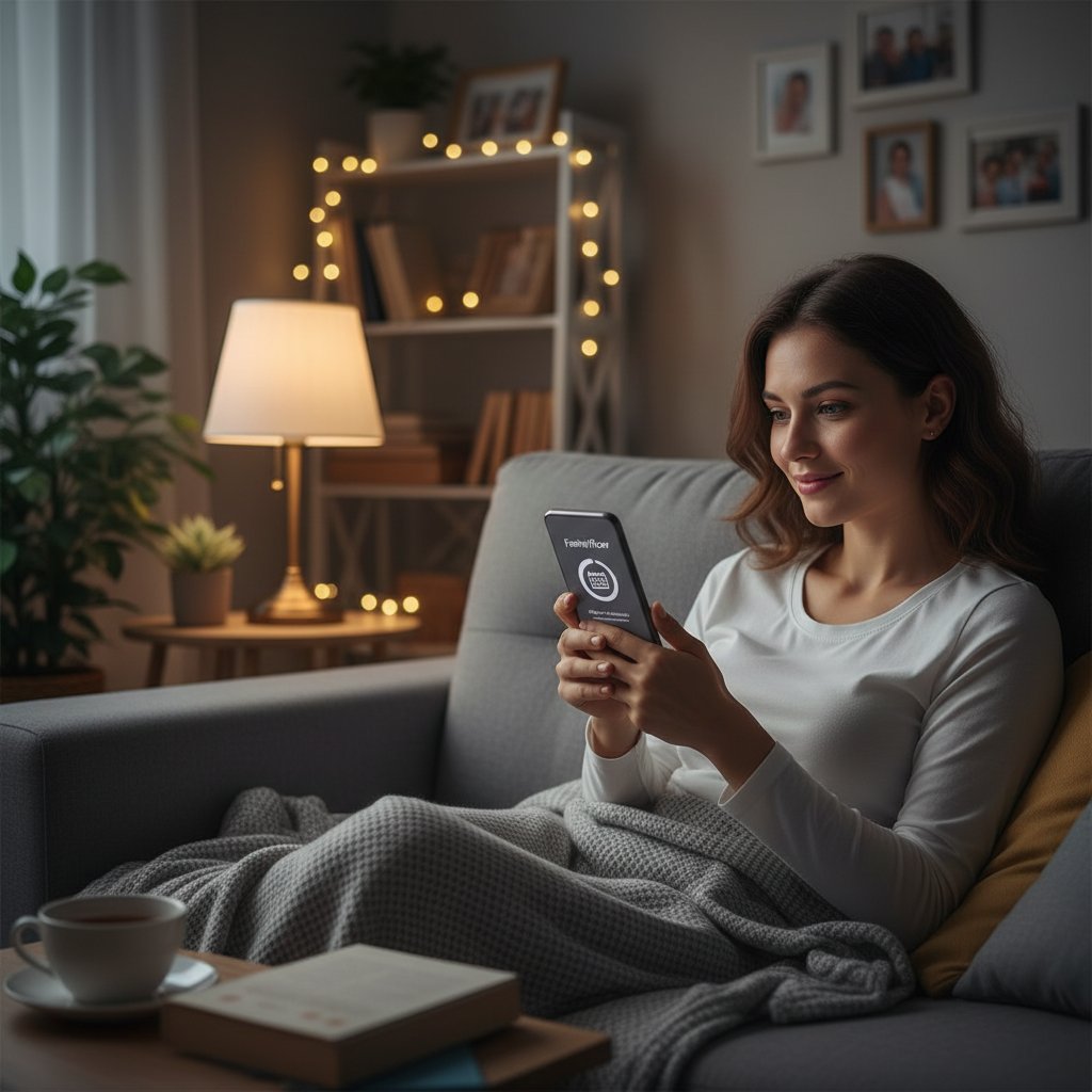 Młoda kobieta korzystająca z aplikacji do planowania rodziny na smartfonie, wieczorne światło, domowa atmosfera