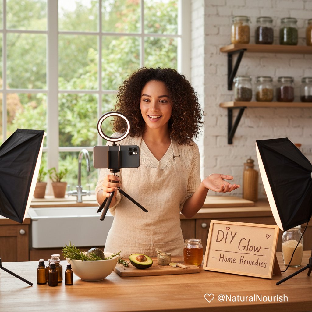 Młoda kobieta nagrywająca filmik o domowych sposobach na odporność w kuchni, social media, domowe sposoby na zdrowie
