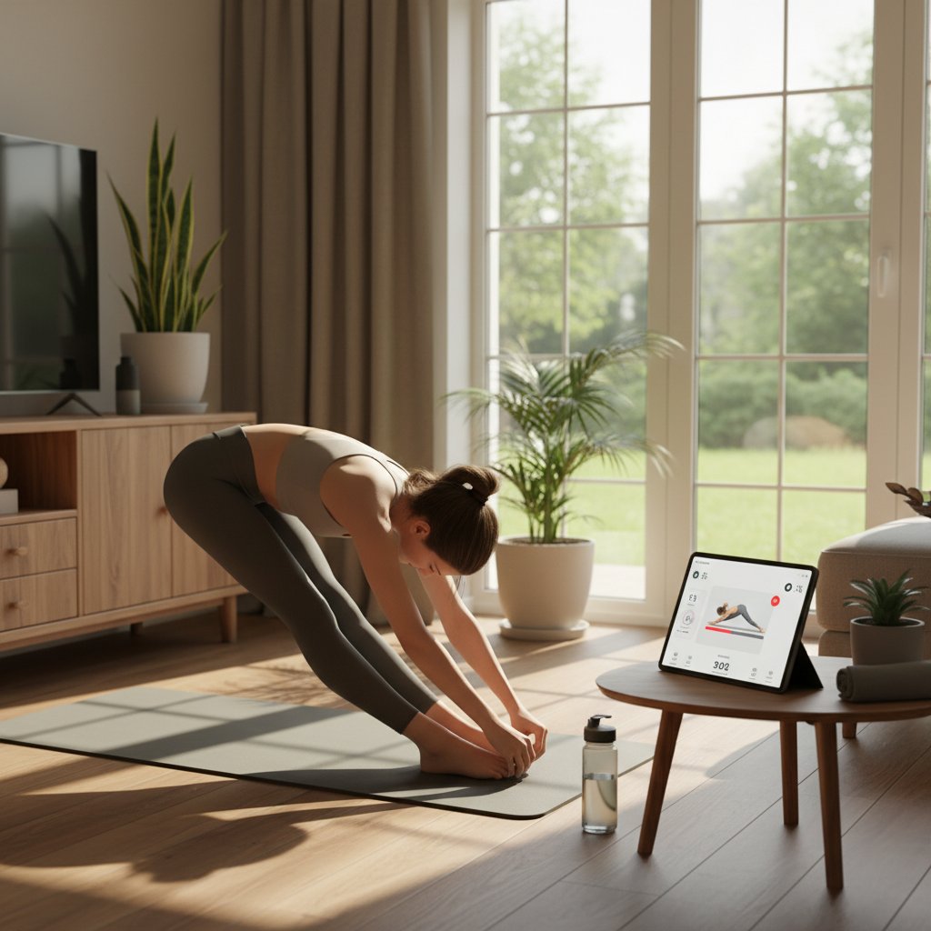 Młoda kobieta korzystająca z aplikacji fitness podczas stretchingu w domu