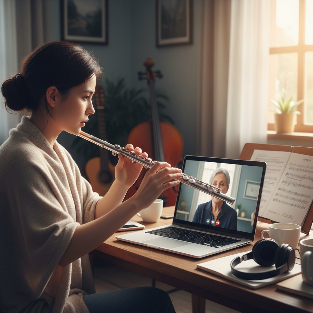 Młoda kobieta ćwicząca flet w domu podczas lekcji online, widoczny laptop z nauczycielem, atmosfera skupienia