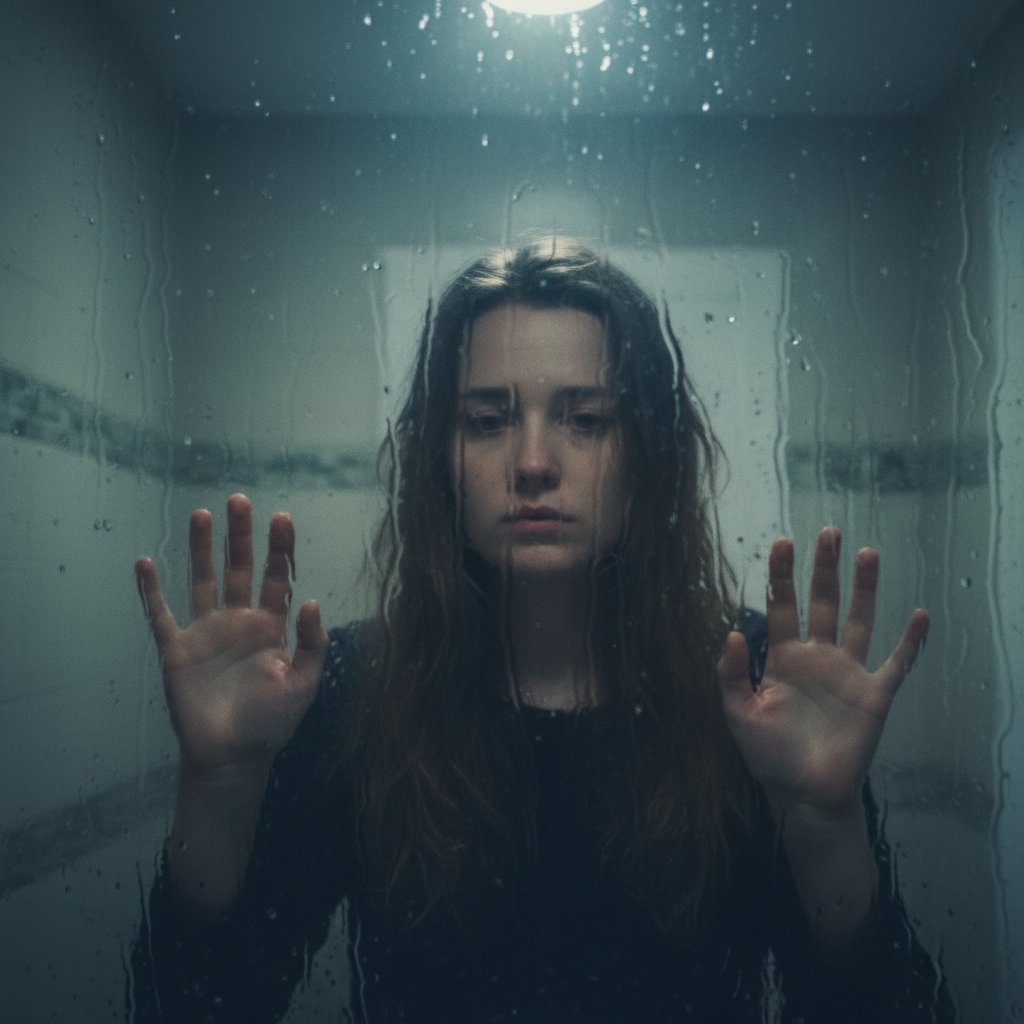 Kobieta patrząca w zaparowane lustro, zniekształcone odbicie – symbol zakłóconej samooceny