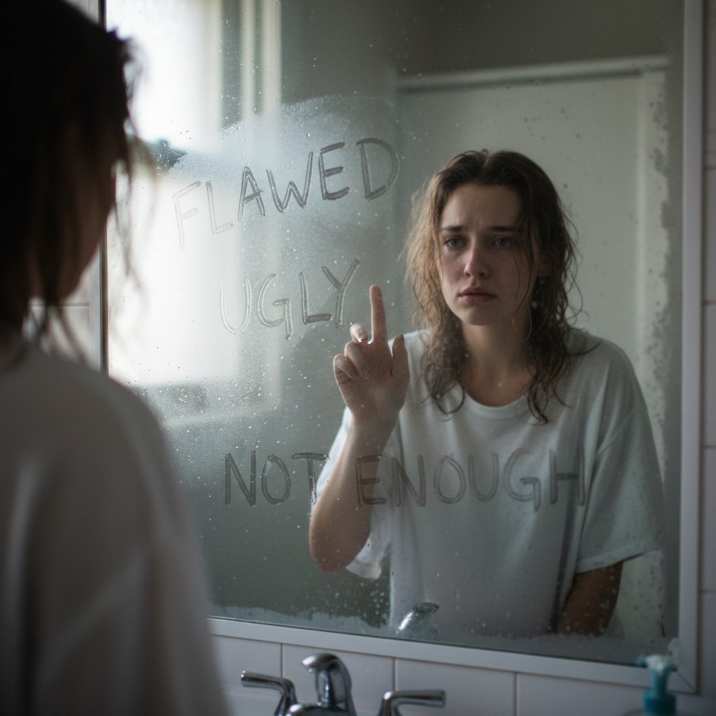 Młoda kobieta, której twarz odbija się w zamglonym lustrze – symbol walki z perfekcjonizmem