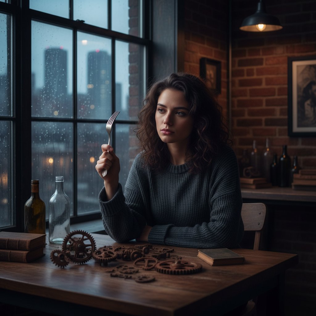 Młoda kobieta z widelcem nad kolorowym, niejadalnym przedmiotem w mieszkaniu – motyw rzeczy niejadalnych