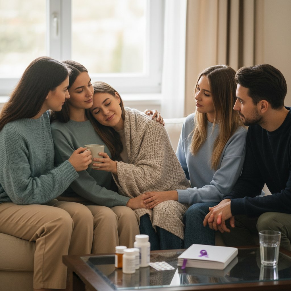 Młoda kobieta z przyjaciółkami na ławce, symbolizująca wsparcie w chorobie autoimmunologicznej