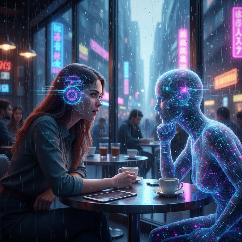 Młoda kobieta i awatar AI rozmawiają przy stoliku w miejskiej kawiarni, podkreślająca rolę inteligencji interpersonalnej AI