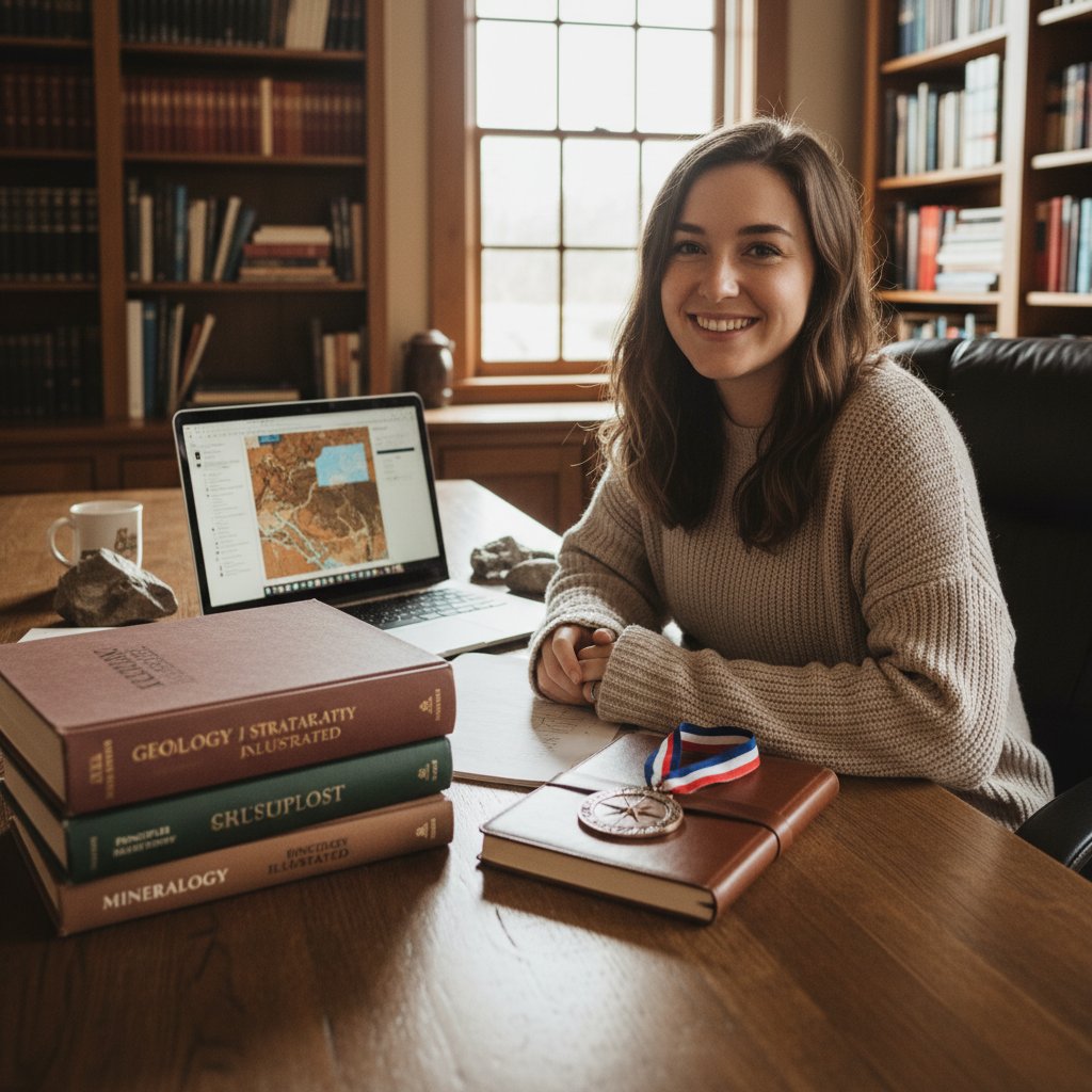 Uczennica z laptopem i medalem z olimpiady geologicznej, otoczona książkami o geologii