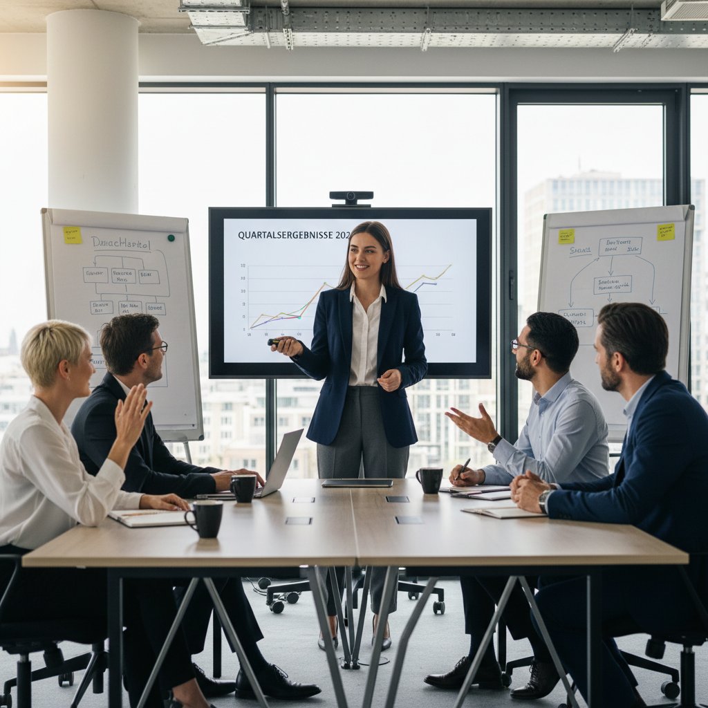 Młoda kobieta prowadząca prezentację po niemiecku w korporacyjnym biurze, pewność siebie, interakcja z zespołem