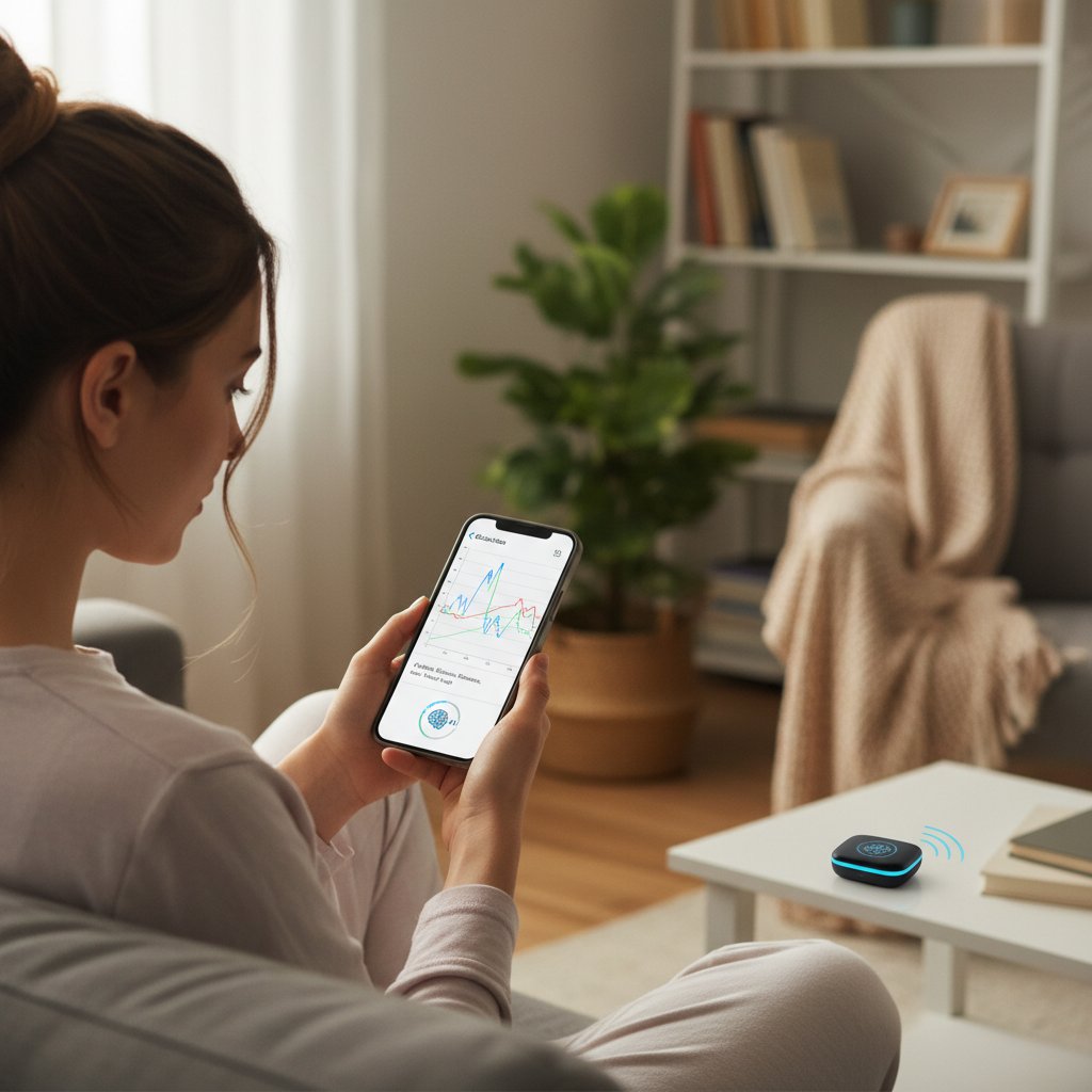 Młoda kobieta analizująca dane glikemii na smartfonie, z widocznym wykresem, w domu