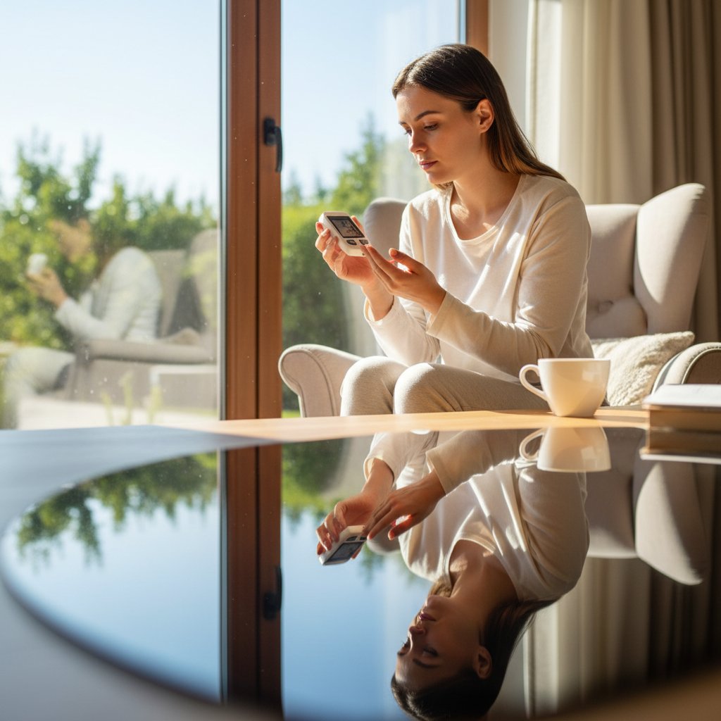 Młoda kobieta patrząca z niepokojem na glukometr w domowym otoczeniu, światło dzienne, atmosfera refleksji