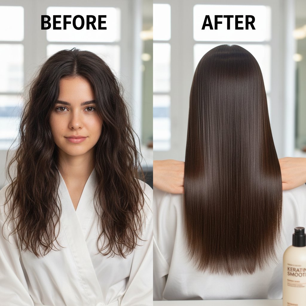 Młoda kobieta przed i po zabiegu keratynowym, z lśniącymi, prostymi włosami