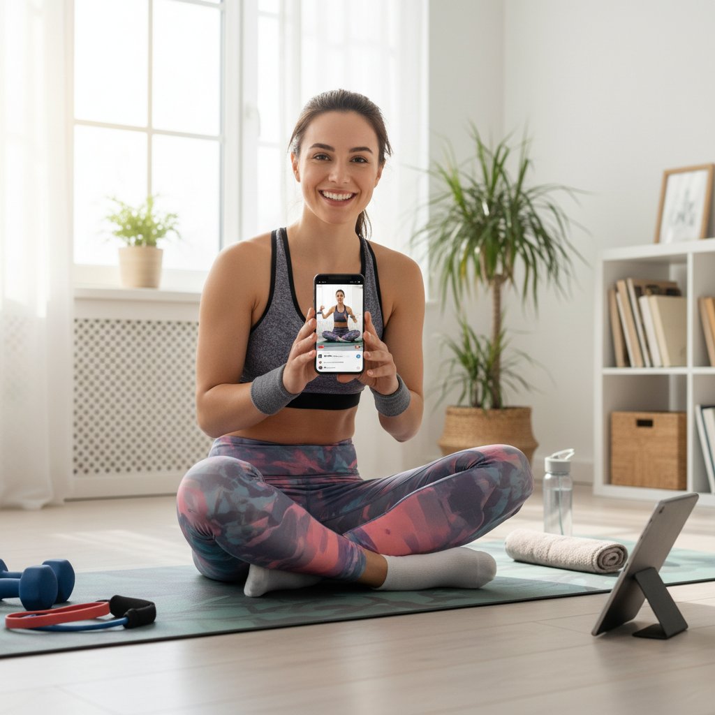 Młoda kobieta ciesząca się z efektów treningu online, siedzi na macie i patrzy na telefon, fitness online dla początkujących