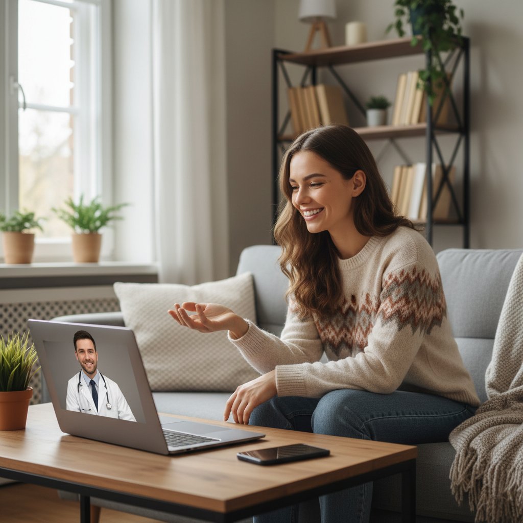 Młoda kobieta uśmiechnięta podczas wideokonsultacji z lekarzem online w domowym zaciszu