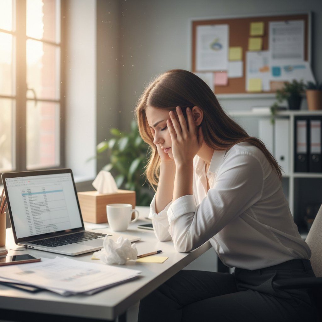 Młoda kobieta trzymająca się za głowę, siedzi przy biurku, wyraźnie zmęczona i zestresowana, polskie biuro, naturalne światło