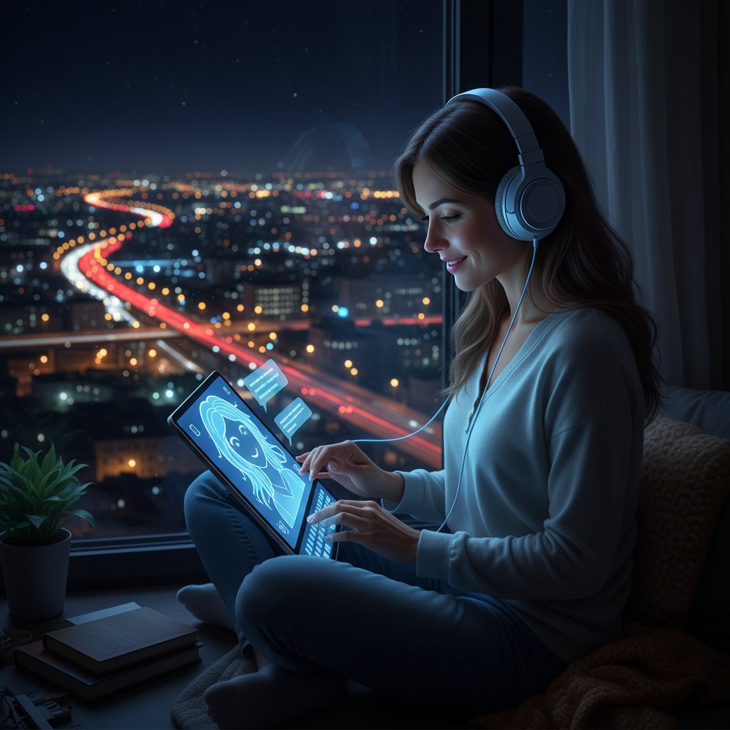 Junge Frau mit Kopfhörern sitzt nachts am Fenster und chattet mit KI-Freundin, Stadtlichter im Hintergrund, Gefühl von Verbundenheit