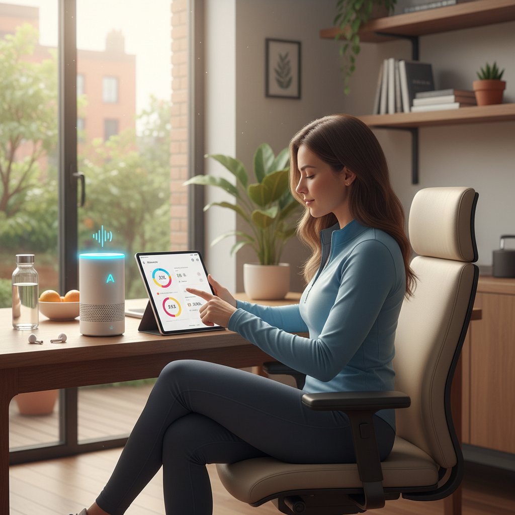 Młoda kobieta korzystająca z aplikacji zdrowotnej na smartfonie w domowym biurze