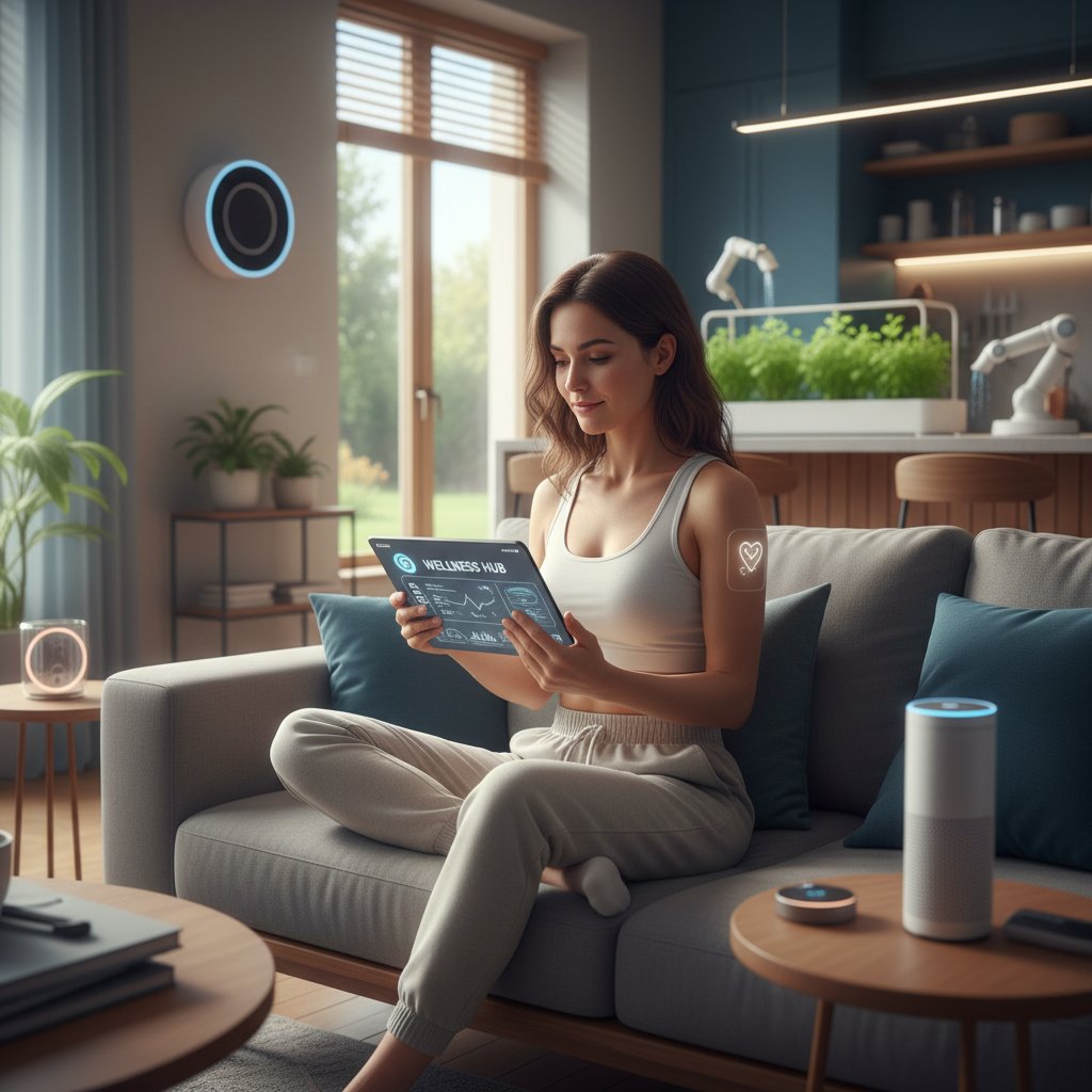 Młoda kobieta z opaską monitorującą zdrowie, ekran aplikacji zdrowotnej, nowoczesne mieszkanie