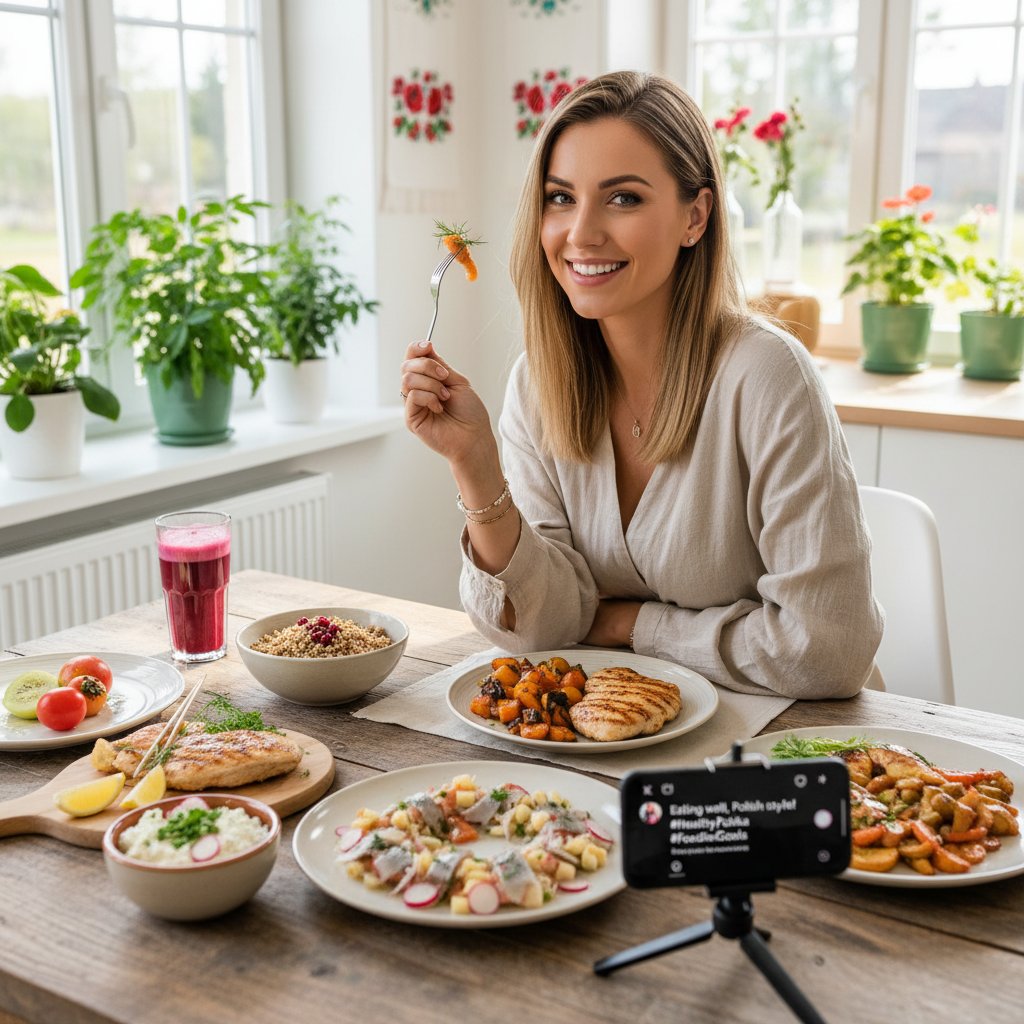 Influencerka promująca zdrową żywność w polskiej kuchni – tło półki pełne „fit” produktów