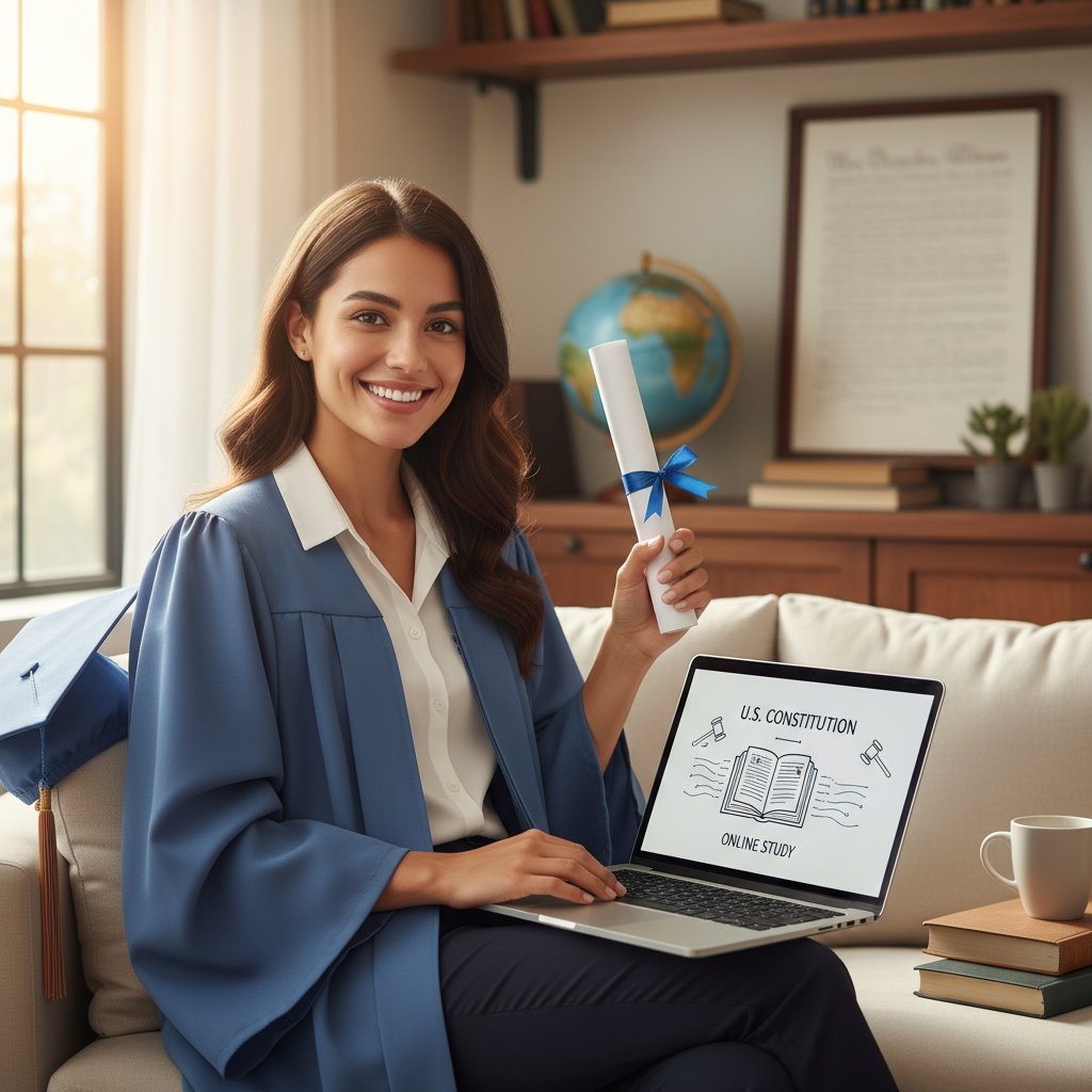 Uczennica zdobywa nagrodę dzięki nauce konstytucji online, trzymając dyplom przed laptopem
