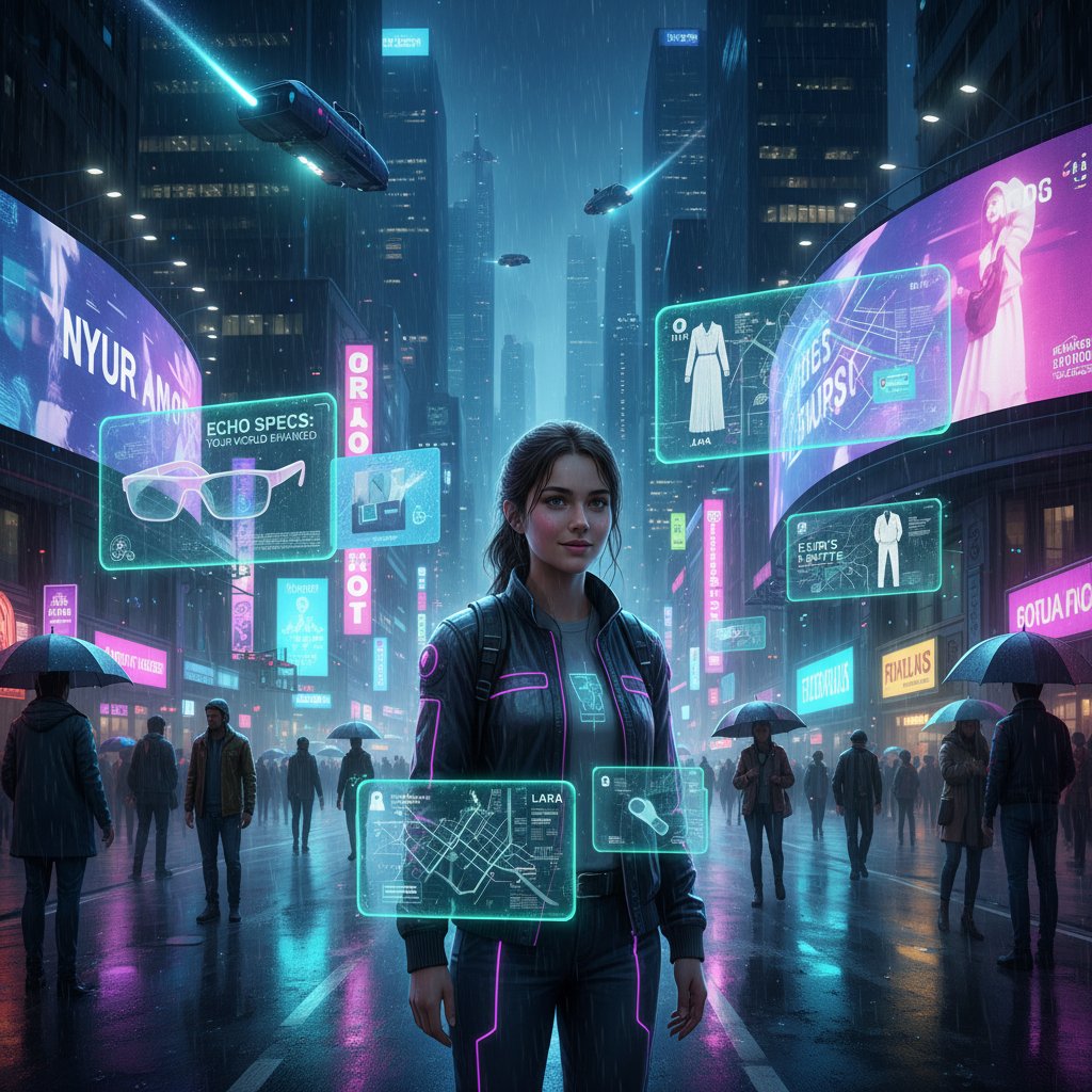 Nowoczesna kobieta korzystająca z telefonu, otoczona spersonalizowanymi reklamami AI w miejskim nocnym krajobrazie