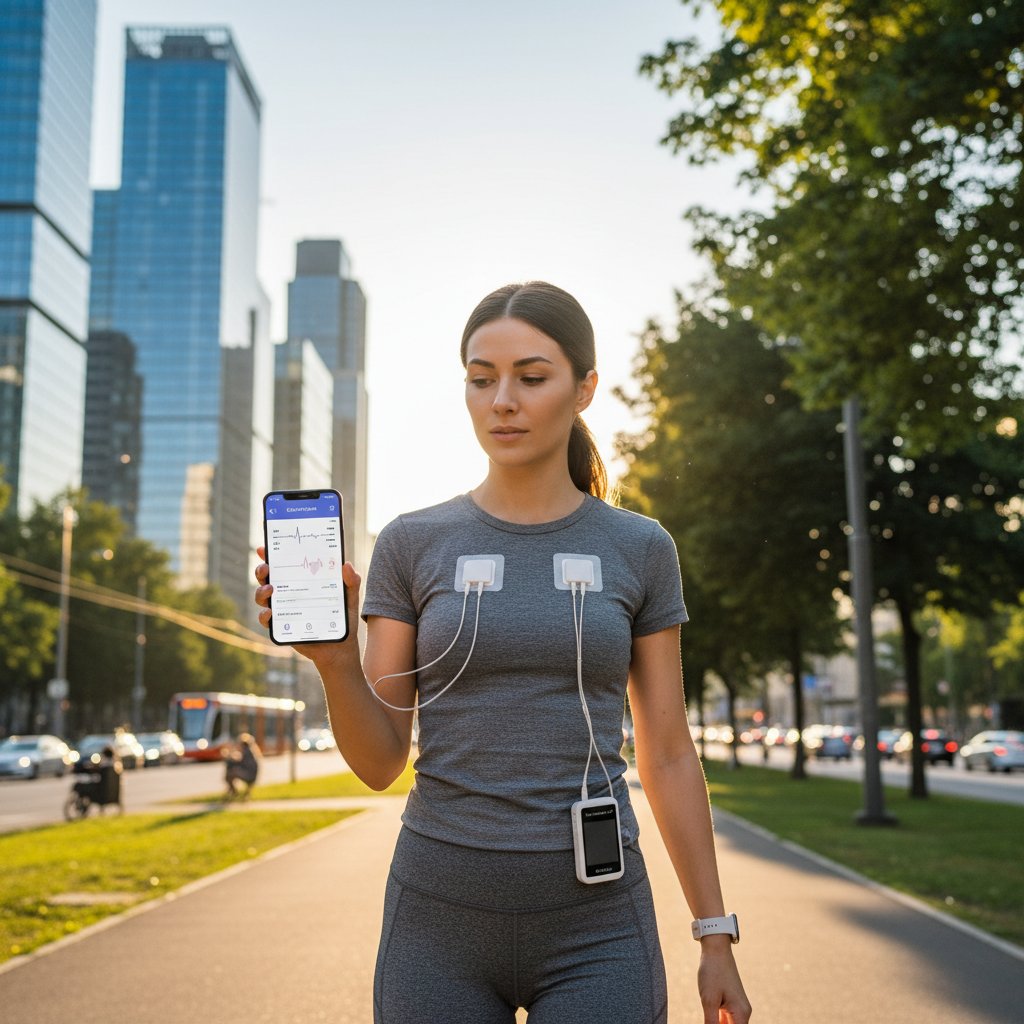 Młoda kobieta z holterem EKG na klatce piersiowej, korzystająca z aplikacji mobilnej
