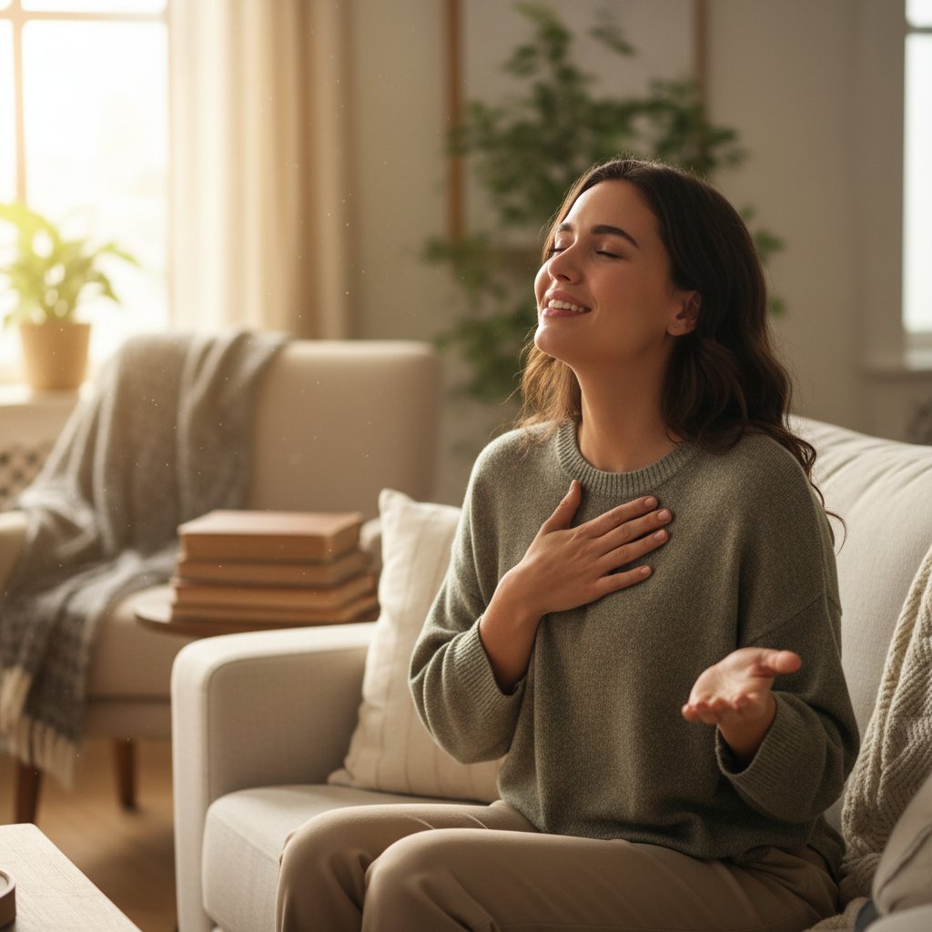 Młoda kobieta patrząca pewnie w obiektyw, tło domowe, atmosfera ulgi i akceptacji