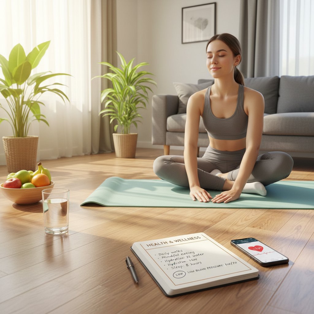 Młoda kobieta ćwicząca w domu, obok niej dziennik zdrowia, słowa kluczowe nawyki, niedociśnienie, zdrowy styl życia