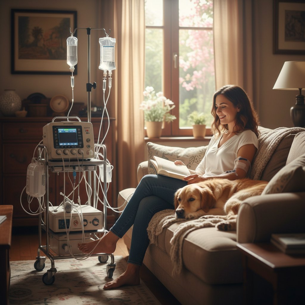 Młoda kobieta podczas dializy domowej, czytająca książkę, obok pies, na stole sprzęt medyczny