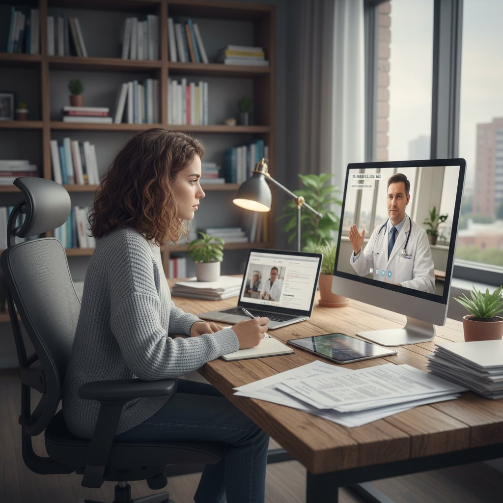Młoda kobieta w domowym biurze podczas wideokonsultacji z lekarzem, przy biurku wyniki badań, atmosfera skupienia